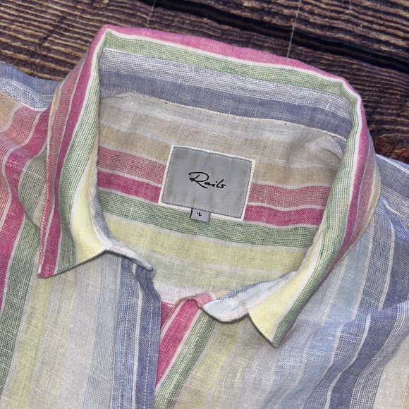 Rails Whitney Rainbow Striped Linen Blend Short Sleeve Button Blouse Size L - Picture 3 of 10